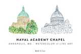 naval academy watercolor or line art illustration