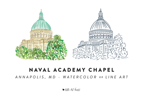 naval academy watercolor or line art illustration
