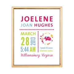 bright elephant birth stats custom kids art print